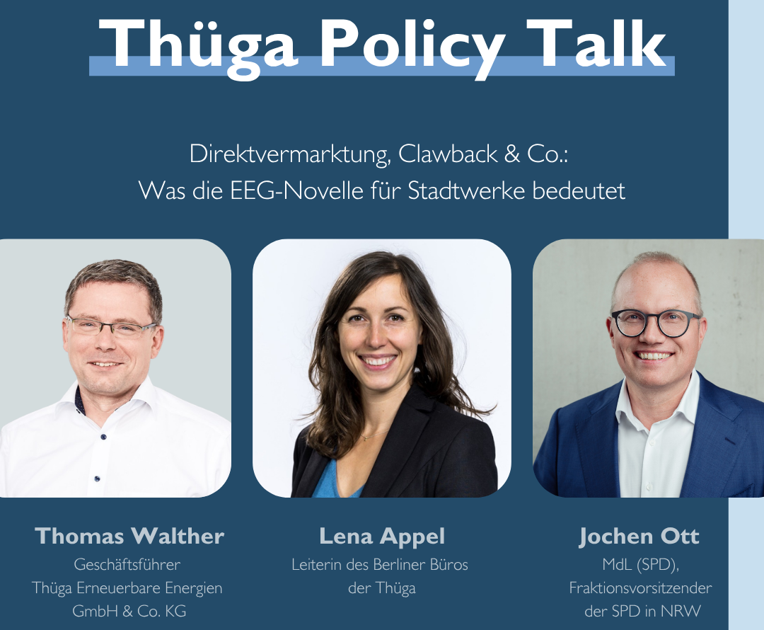 Thüga Policy Talk: „Strommarkt unter Spannung – Was folgt aus dem Monitoring der Energiewende für die Stadtwerke?“